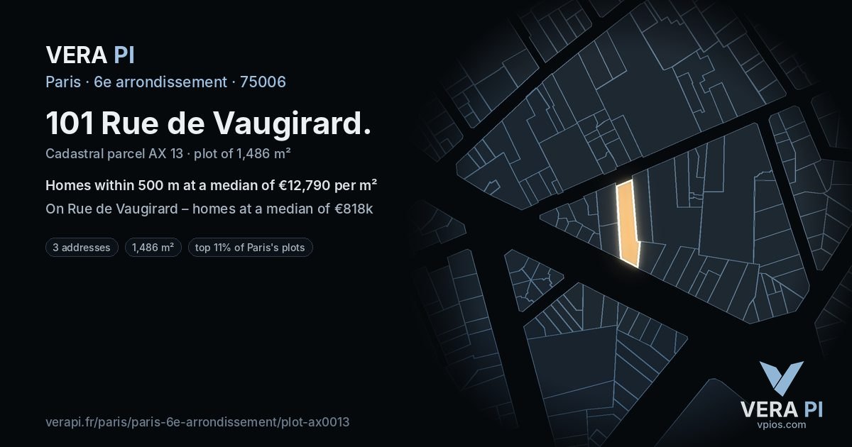 101 Rue de Vaugirard, 6e arrondissement at night – the plot lit, the parcels around coloured by the prices near them