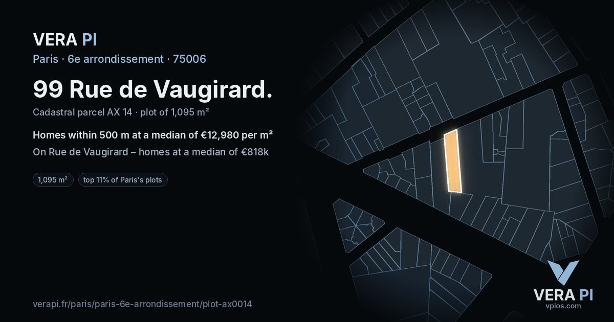 99 Rue de Vaugirard, 6e arrondissement at night – the plot lit, the parcels around coloured by the prices near them
