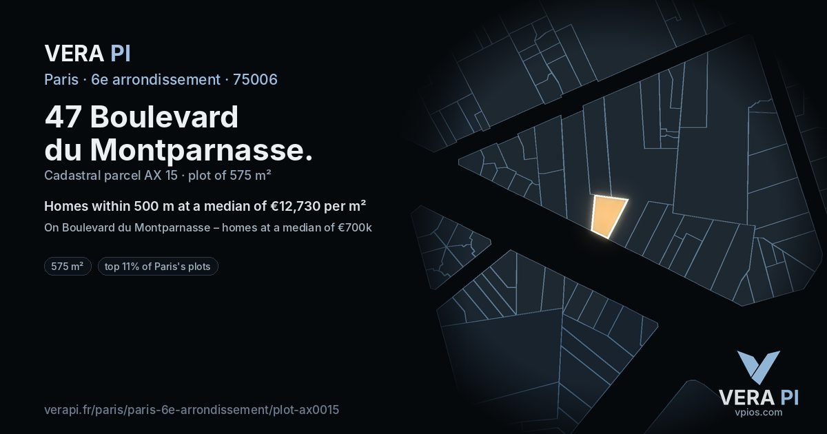 47 Boulevard du Montparnasse, 6e arrondissement at night – the plot lit, the parcels around coloured by the prices near them