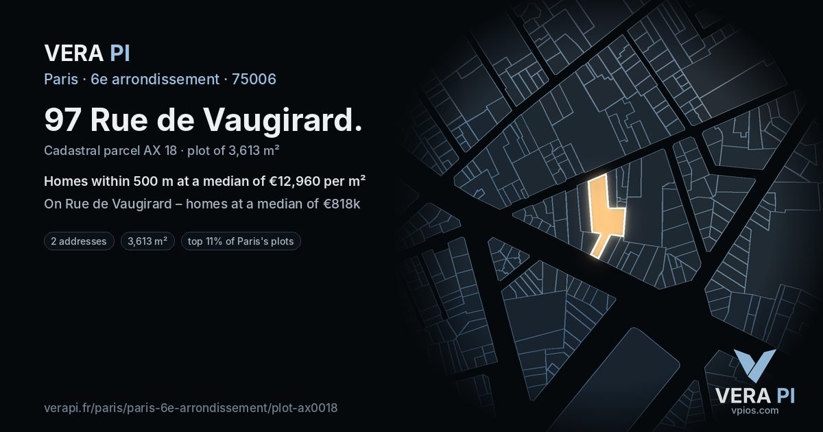 97 Rue de Vaugirard, 6e arrondissement at night – the plot lit, the parcels around coloured by the prices near them