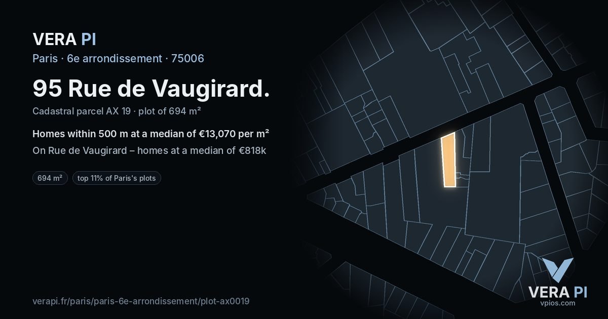 95 Rue de Vaugirard, 6e arrondissement at night – the plot lit, the parcels around coloured by the prices near them