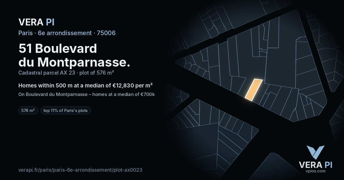 51 Boulevard du Montparnasse, 6e arrondissement at night – the plot lit, the parcels around coloured by the prices near them