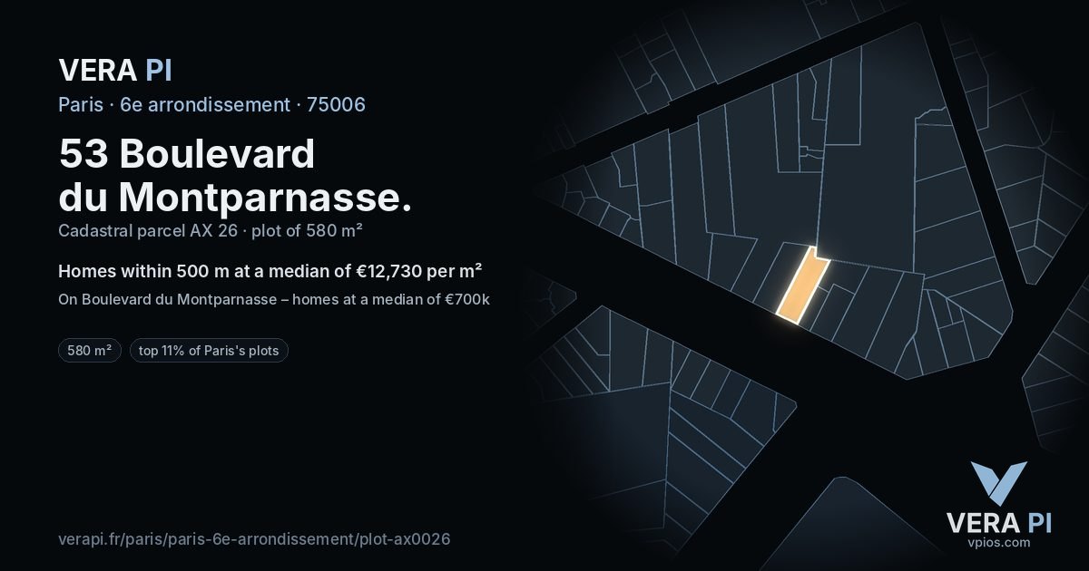 53 Boulevard du Montparnasse, 6e arrondissement at night – the plot lit, the parcels around coloured by the prices near them