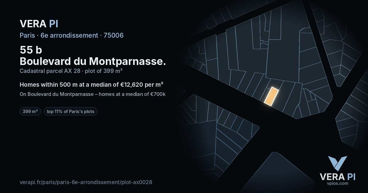 55 b Boulevard du Montparnasse, 6e arrondissement at night – the plot lit, the parcels around coloured by the prices near them