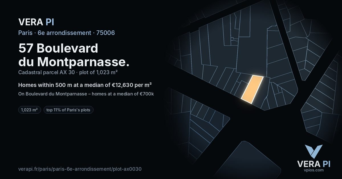 57 Boulevard du Montparnasse, 6e arrondissement at night – the plot lit, the parcels around coloured by the prices near them