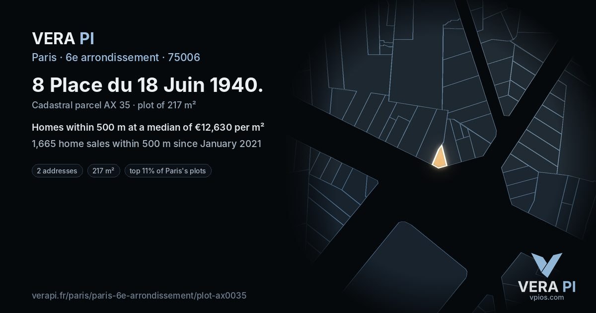 8 Place du 18 Juin 1940, 6e arrondissement at night – the plot lit, the parcels around coloured by the prices near them