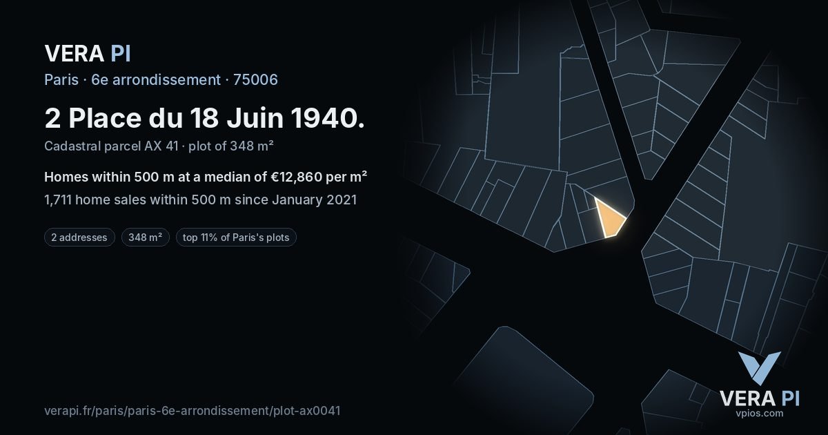 2 Place du 18 Juin 1940, 6e arrondissement at night – the plot lit, the parcels around coloured by the prices near them