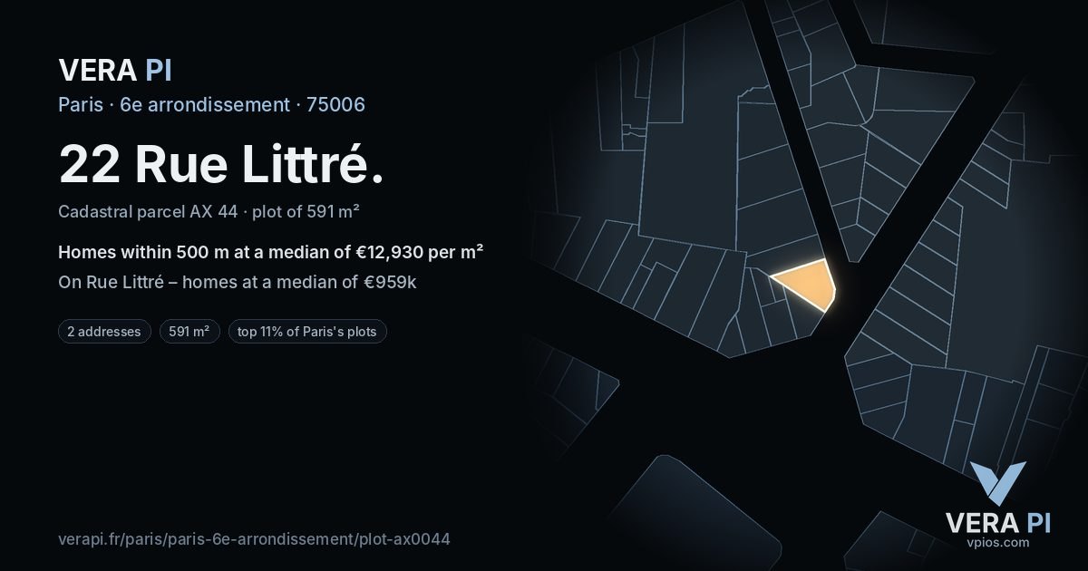 22 Rue Littré, 6e arrondissement at night – the plot lit, the parcels around coloured by the prices near them