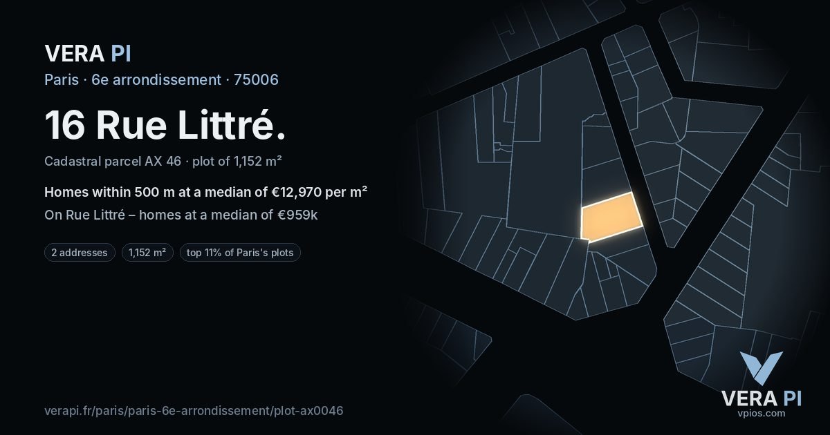 16 Rue Littré, 6e arrondissement at night – the plot lit, the parcels around coloured by the prices near them
