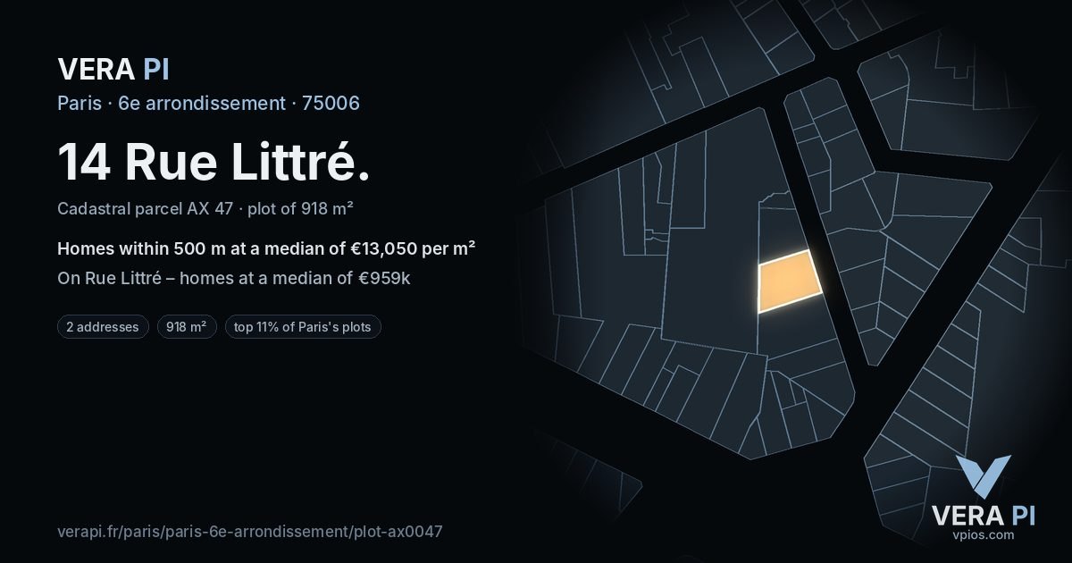 14 Rue Littré, 6e arrondissement at night – the plot lit, the parcels around coloured by the prices near them