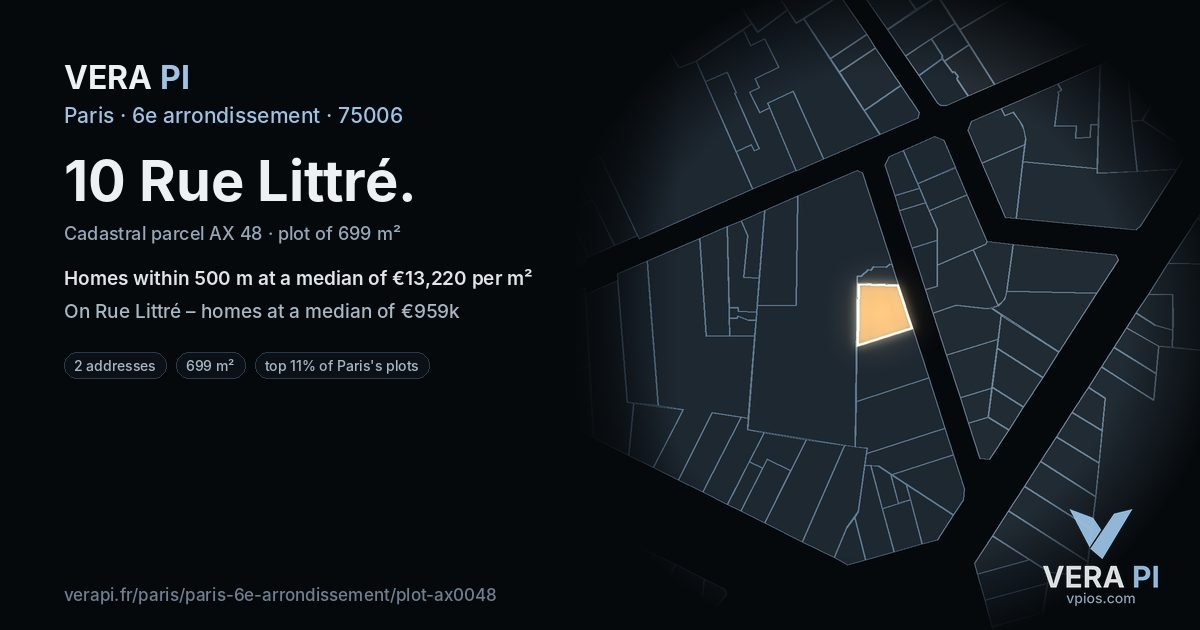 10 Rue Littré, 6e arrondissement at night – the plot lit, the parcels around coloured by the prices near them