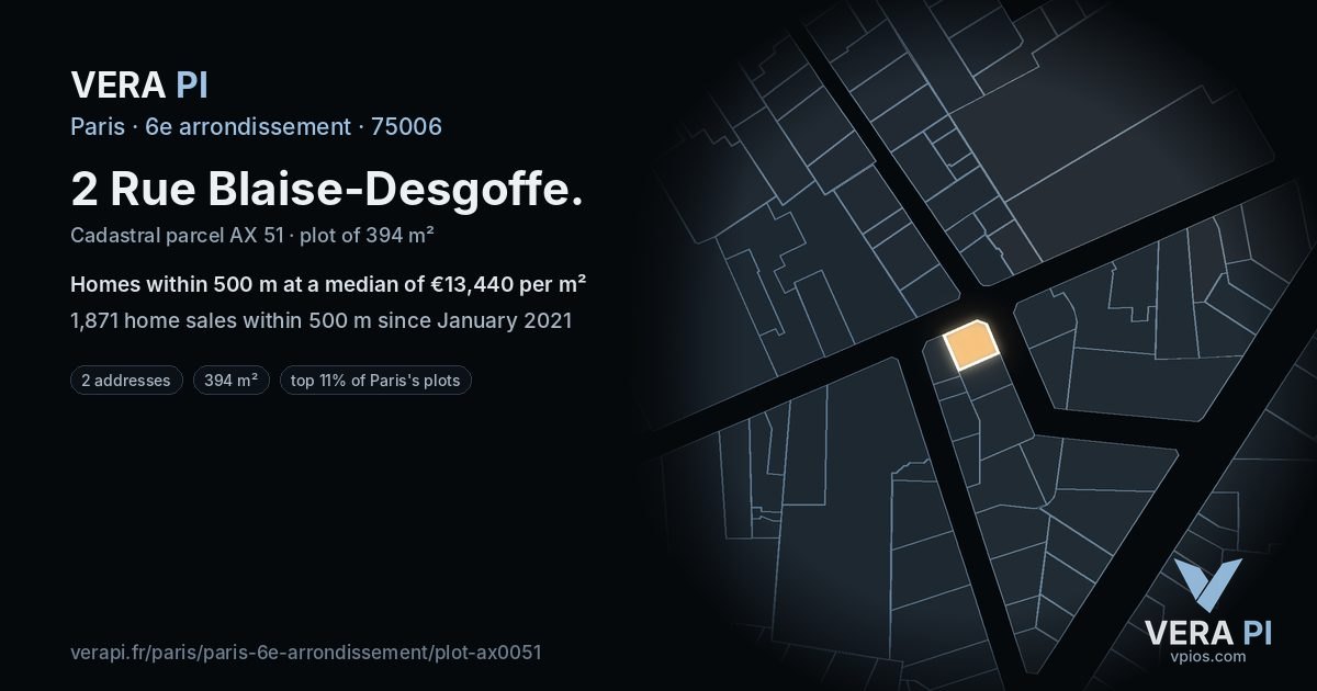 2 Rue Blaise-Desgoffe, 6e arrondissement at night – the plot lit, the parcels around coloured by the prices near them