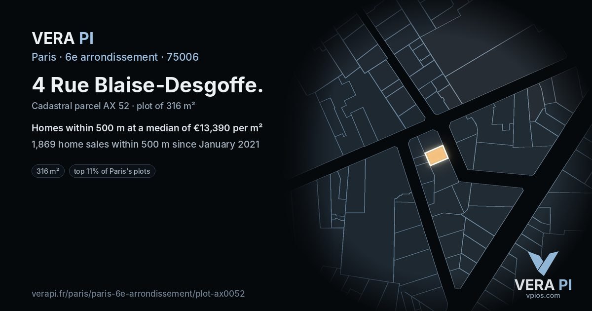 4 Rue Blaise-Desgoffe, 6e arrondissement at night – the plot lit, the parcels around coloured by the prices near them