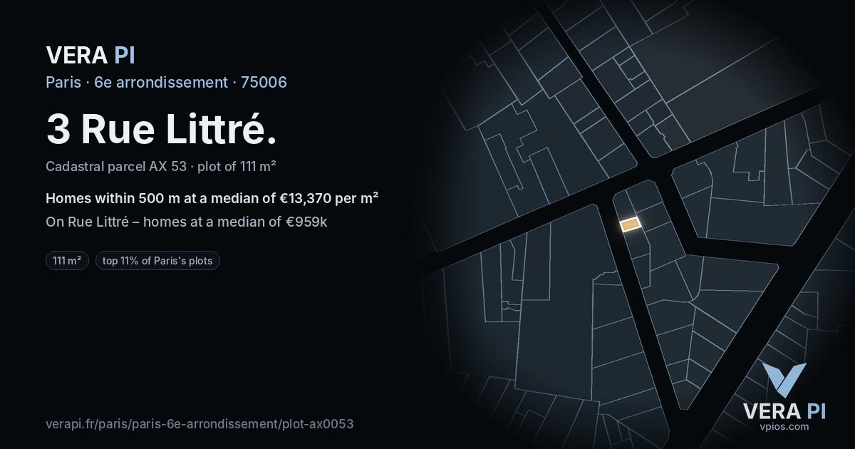 3 Rue Littré, 6e arrondissement at night – the plot lit, the parcels around coloured by the prices near them