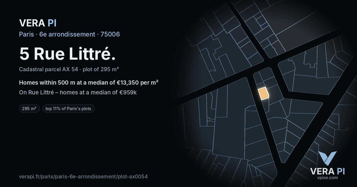 5 Rue Littré, 6e arrondissement at night – the plot lit, the parcels around coloured by the prices near them