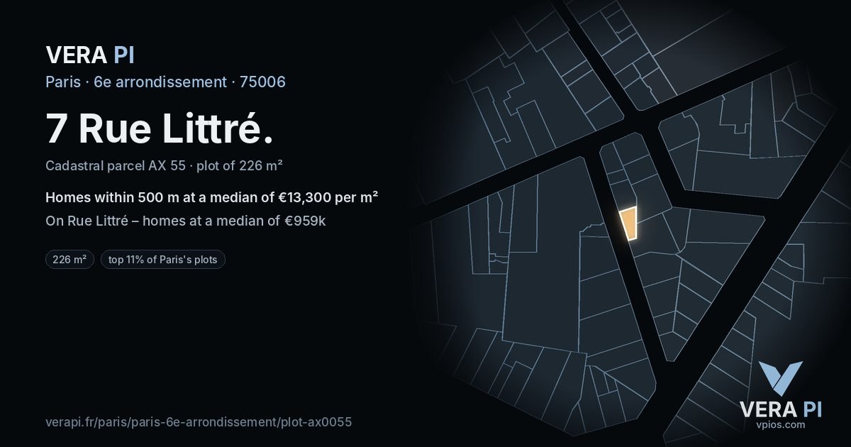 7 Rue Littré, 6e arrondissement at night – the plot lit, the parcels around coloured by the prices near them