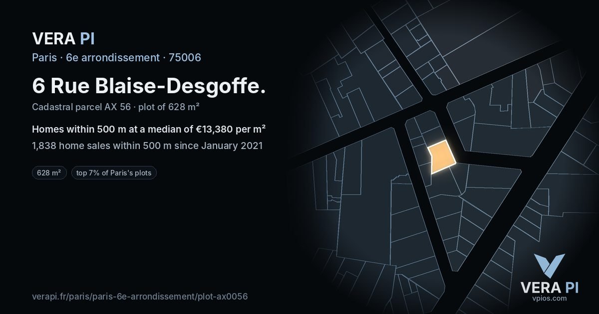 6 Rue Blaise-Desgoffe, 6e arrondissement at night – the plot lit, the parcels around coloured by the prices near them