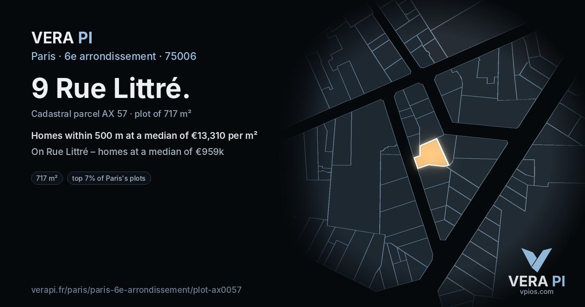 9 Rue Littré, 6e arrondissement at night – the plot lit, the parcels around coloured by the prices near them