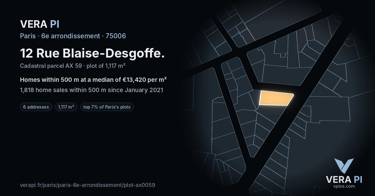 12 Rue Blaise-Desgoffe, 6e arrondissement at night – the plot lit, the parcels around coloured by the prices near them