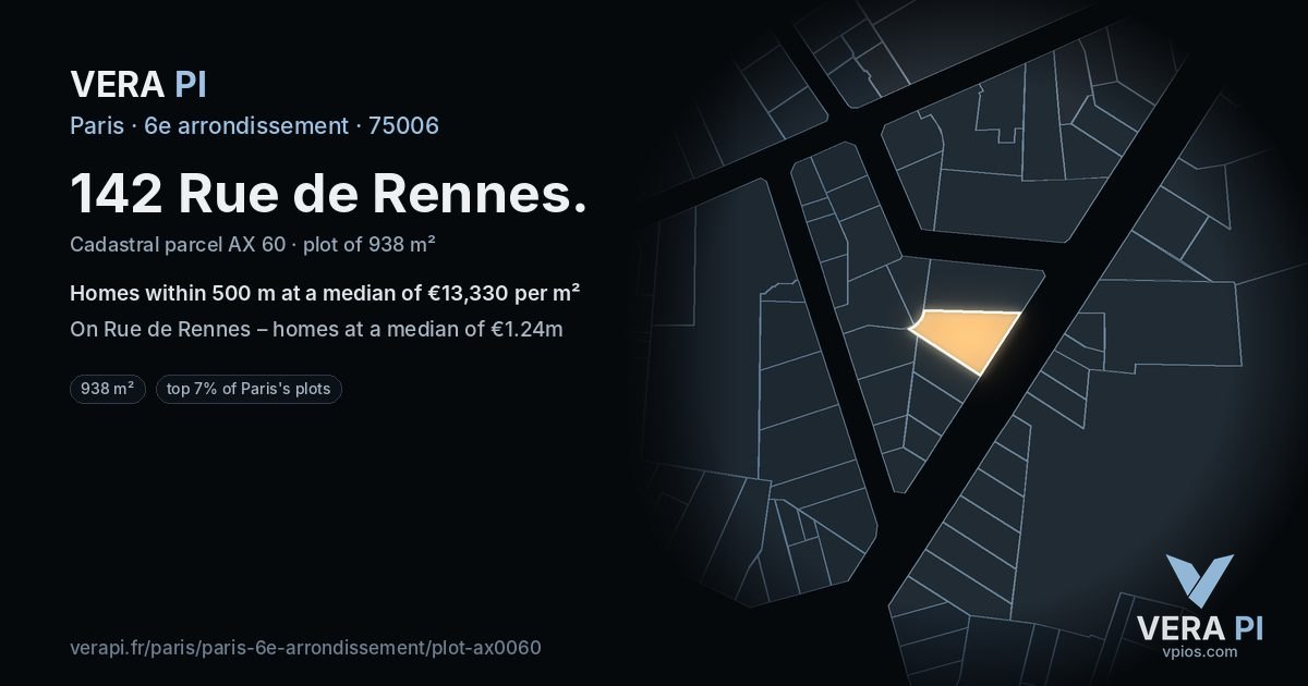 142 Rue de Rennes, 6e arrondissement at night – the plot lit, the parcels around coloured by the prices near them