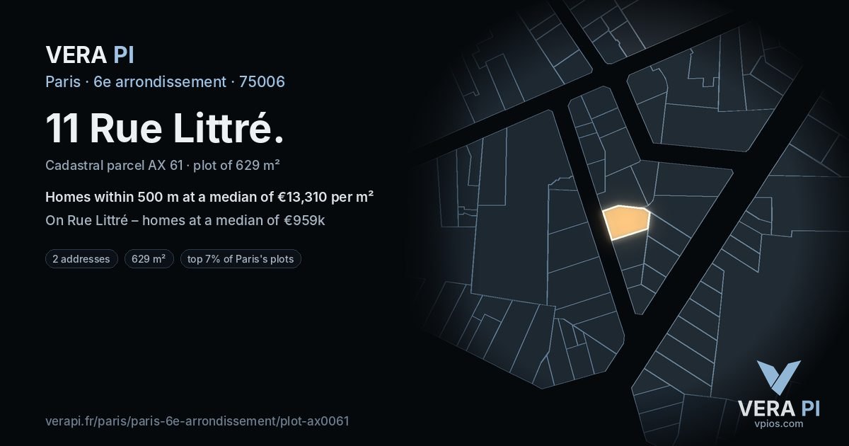 11 Rue Littré, 6e arrondissement at night – the plot lit, the parcels around coloured by the prices near them