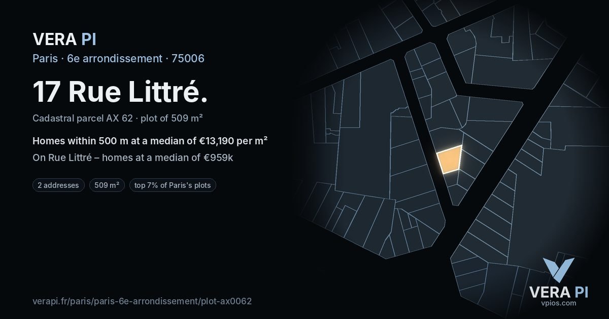 17 Rue Littré, 6e arrondissement at night – the plot lit, the parcels around coloured by the prices near them