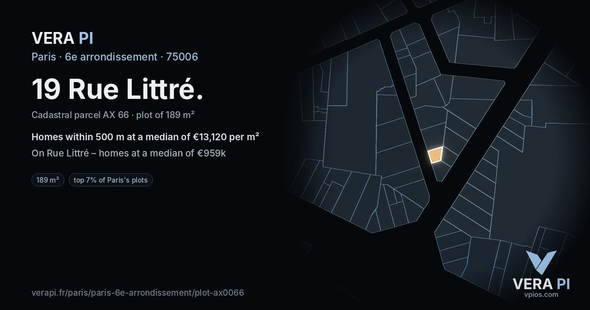 19 Rue Littré, 6e arrondissement at night – the plot lit, the parcels around coloured by the prices near them