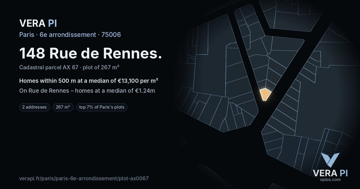 148 Rue de Rennes, 6e arrondissement at night – the plot lit, the parcels around coloured by the prices near them