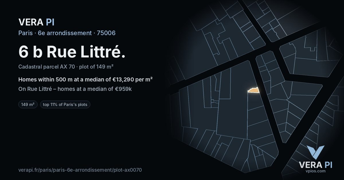 6 b Rue Littré, 6e arrondissement at night – the plot lit, the parcels around coloured by the prices near them