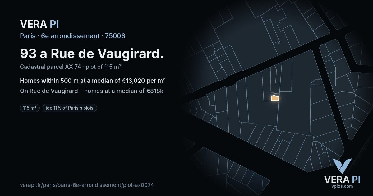 93 a Rue de Vaugirard, 6e arrondissement at night – the plot lit, the parcels around coloured by the prices near them