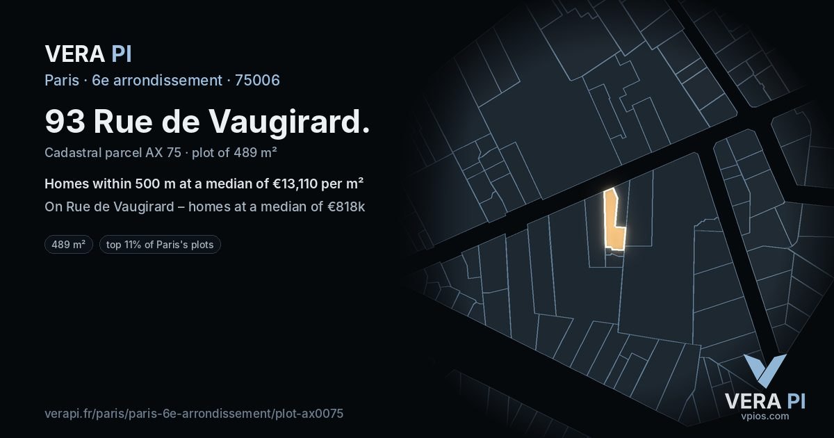 93 Rue de Vaugirard, 6e arrondissement at night – the plot lit, the parcels around coloured by the prices near them