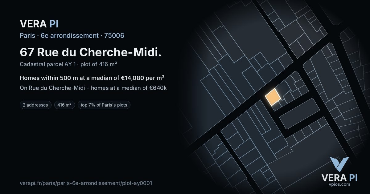 67 Rue du Cherche-Midi, 6e arrondissement at night – the plot lit, the parcels around coloured by the prices near them