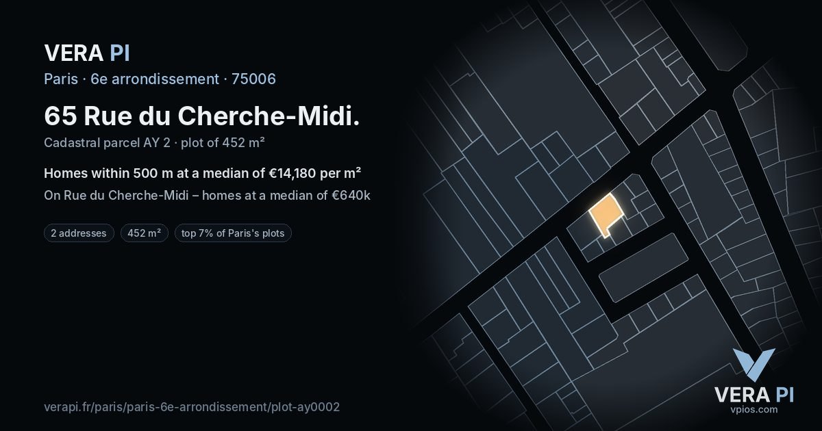 65 Rue du Cherche-Midi, 6e arrondissement at night – the plot lit, the parcels around coloured by the prices near them