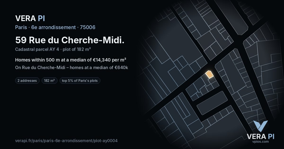 59 Rue du Cherche-Midi, 6e arrondissement at night – the plot lit, the parcels around coloured by the prices near them