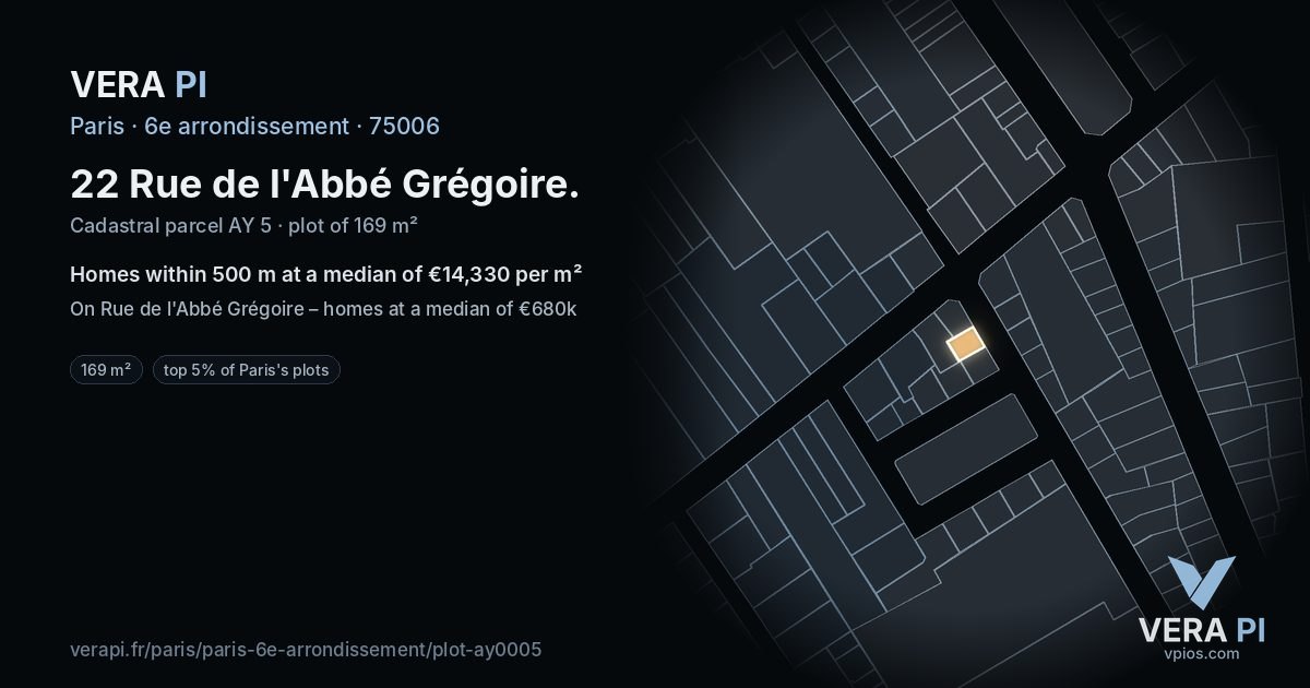 22 Rue de l'Abbé Grégoire, 6e arrondissement at night – the plot lit, the parcels around coloured by the prices near them