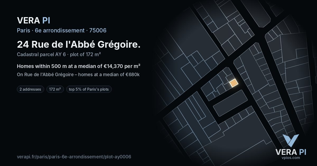 24 Rue de l'Abbé Grégoire, 6e arrondissement at night – the plot lit, the parcels around coloured by the prices near them