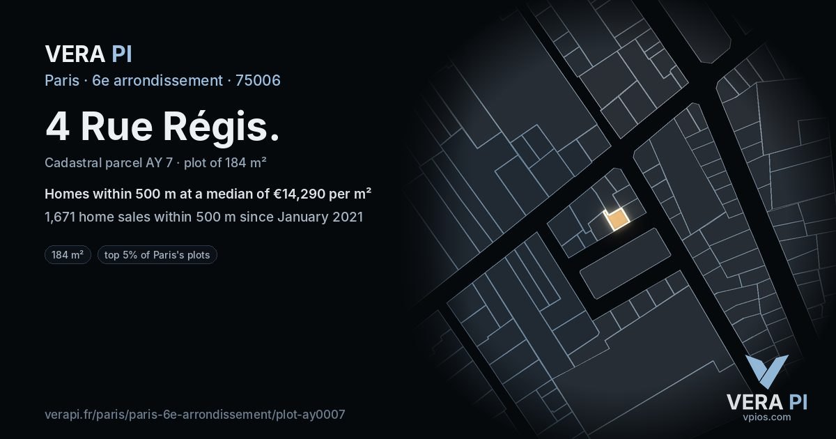 4 Rue Régis, 6e arrondissement at night – the plot lit, the parcels around coloured by the prices near them