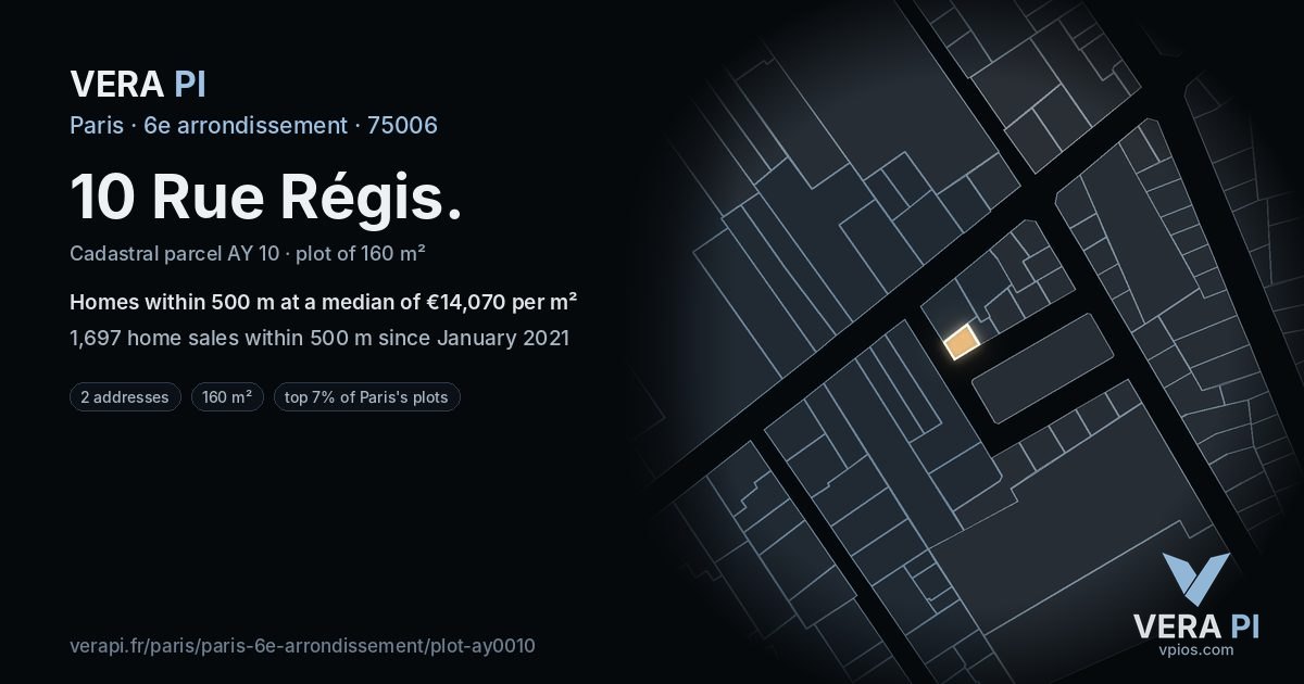 10 Rue Régis, 6e arrondissement at night – the plot lit, the parcels around coloured by the prices near them