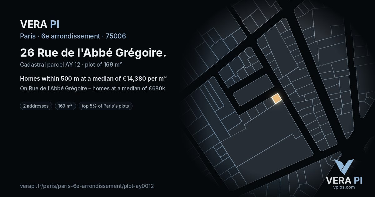 26 Rue de l'Abbé Grégoire, 6e arrondissement at night – the plot lit, the parcels around coloured by the prices near them