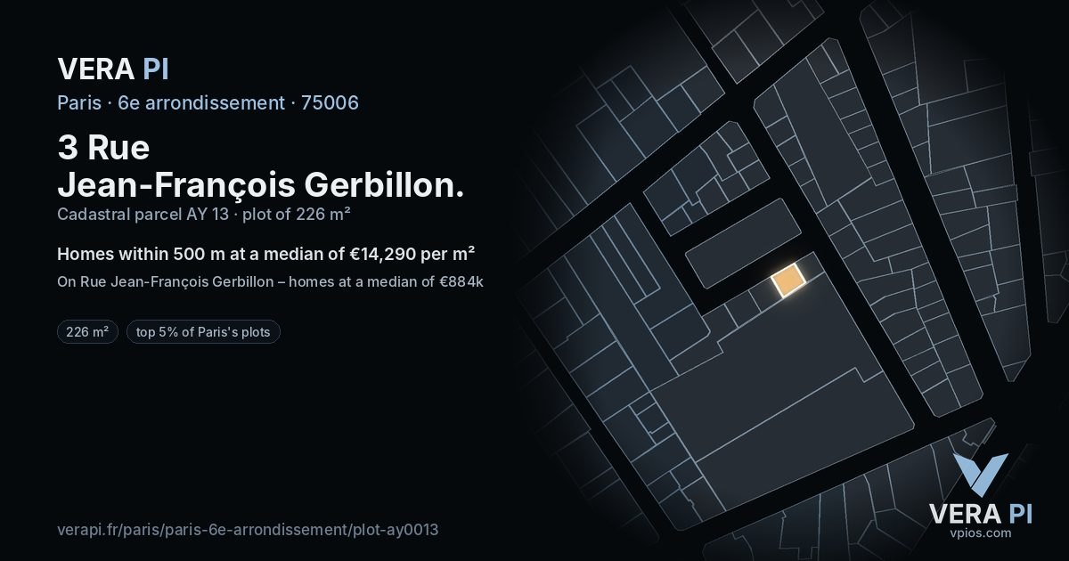3 Rue Jean-François Gerbillon, 6e arrondissement at night – the plot lit, the parcels around coloured by the prices near them