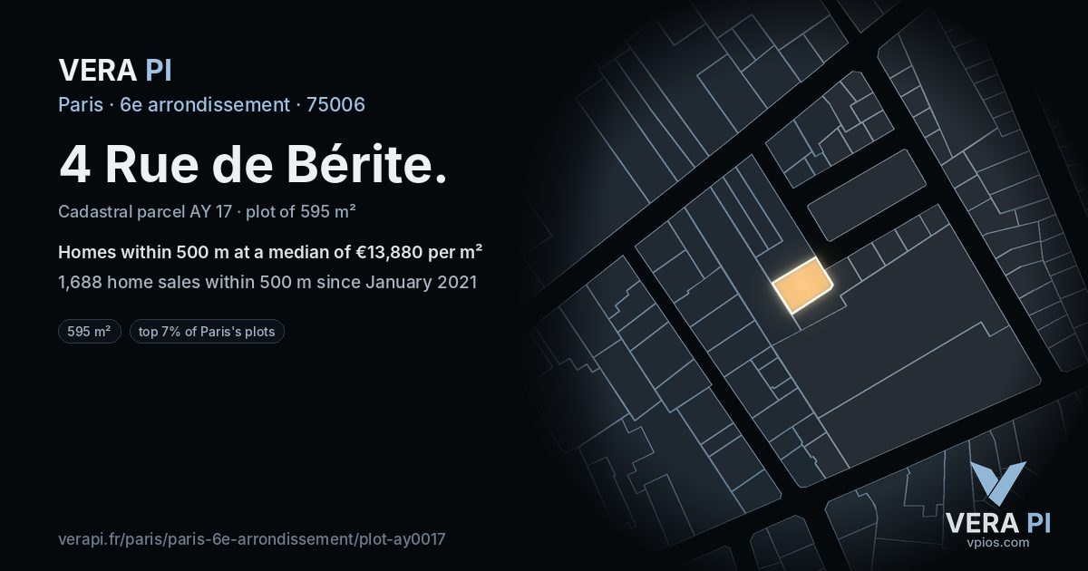 4 Rue de Bérite, 6e arrondissement at night – the plot lit, the parcels around coloured by the prices near them