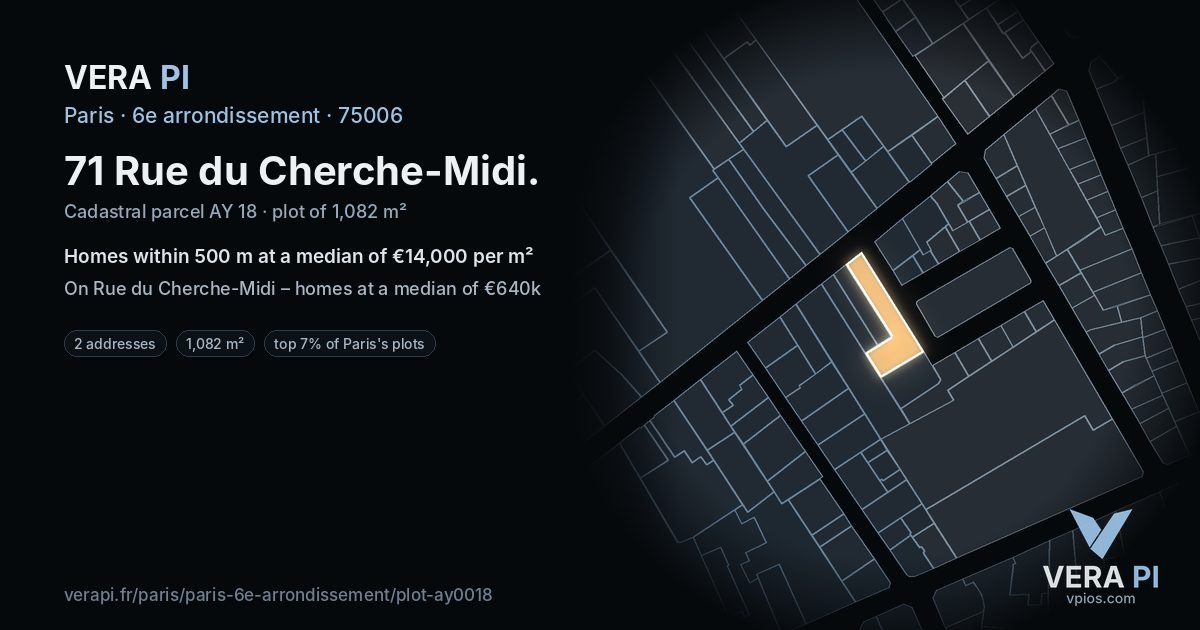 71 Rue du Cherche-Midi, 6e arrondissement at night – the plot lit, the parcels around coloured by the prices near them
