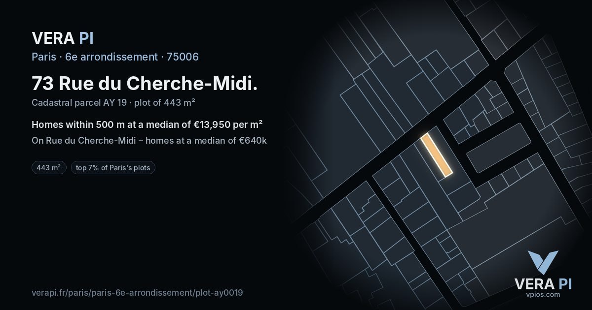 73 Rue du Cherche-Midi, 6e arrondissement at night – the plot lit, the parcels around coloured by the prices near them