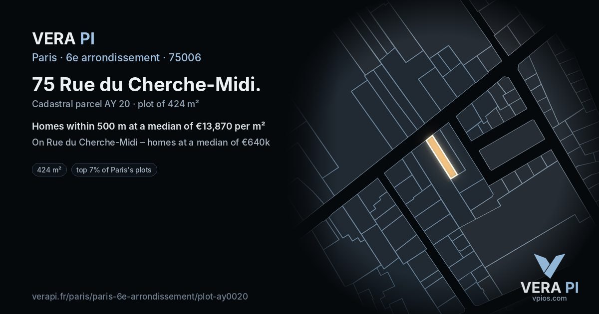 75 Rue du Cherche-Midi, 6e arrondissement at night – the plot lit, the parcels around coloured by the prices near them