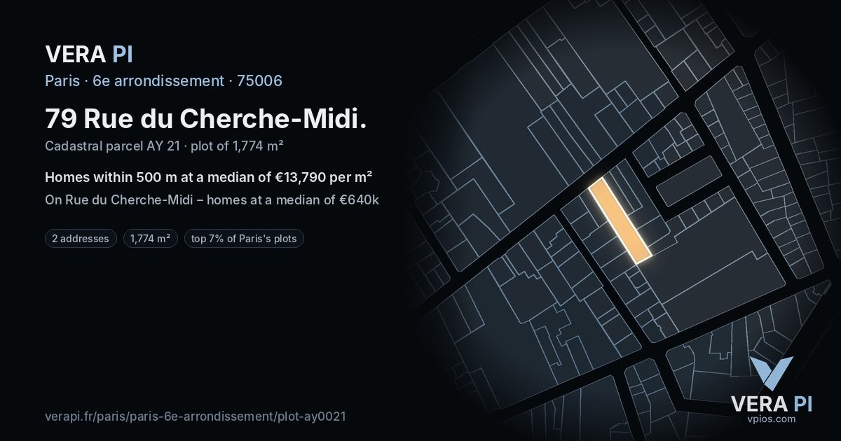 79 Rue du Cherche-Midi, 6e arrondissement at night – the plot lit, the parcels around coloured by the prices near them