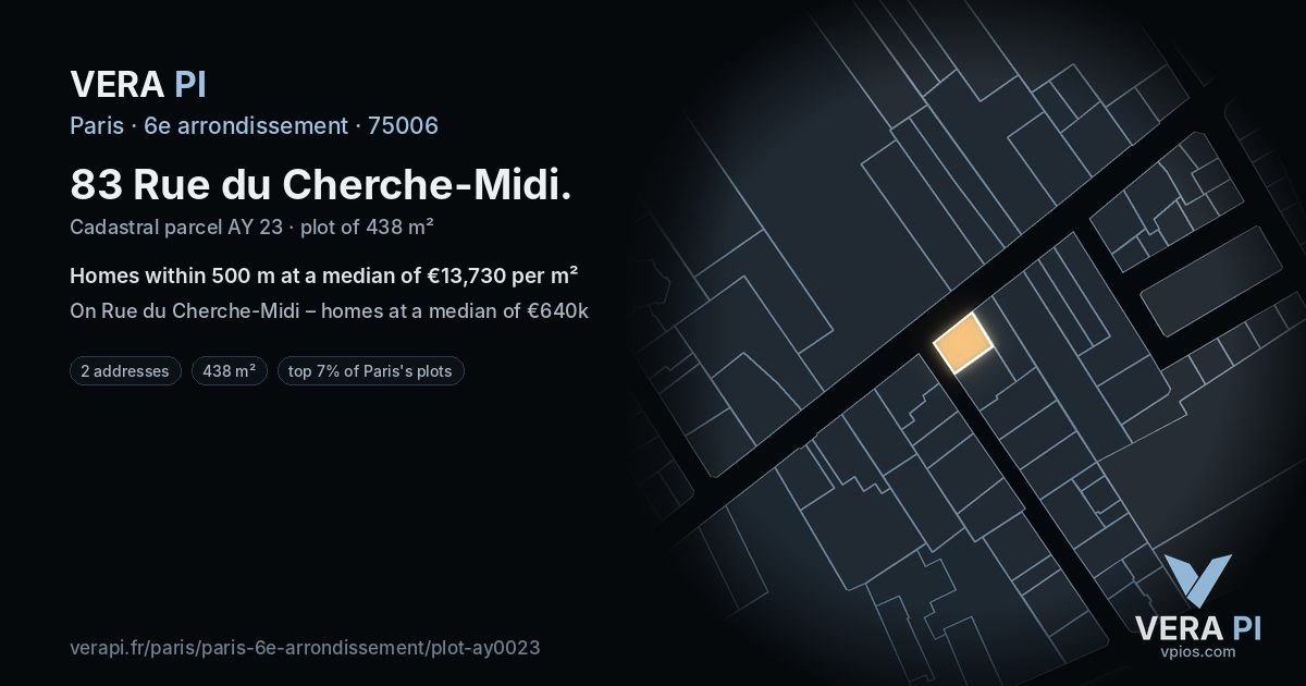 83 Rue du Cherche-Midi, 6e arrondissement at night – the plot lit, the parcels around coloured by the prices near them
