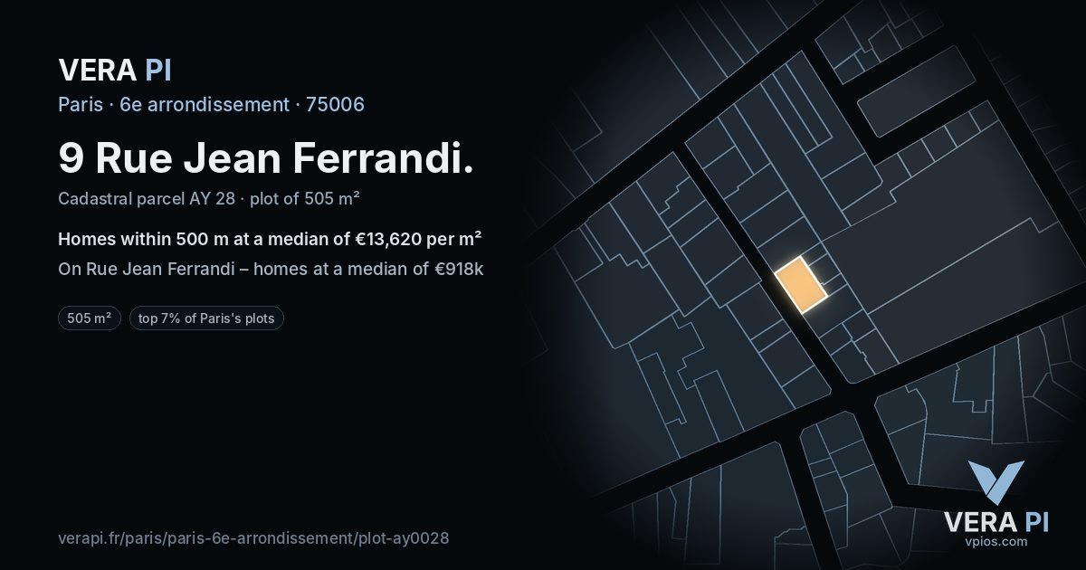 9 Rue Jean Ferrandi, 6e arrondissement at night – the plot lit, the parcels around coloured by the prices near them
