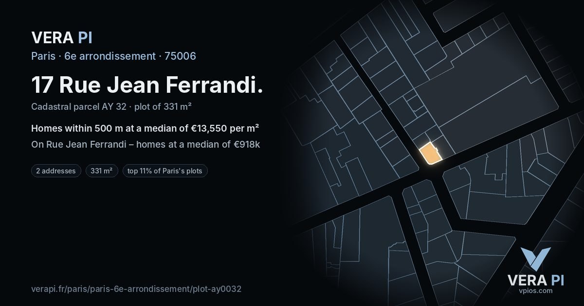 17 Rue Jean Ferrandi, 6e arrondissement at night – the plot lit, the parcels around coloured by the prices near them