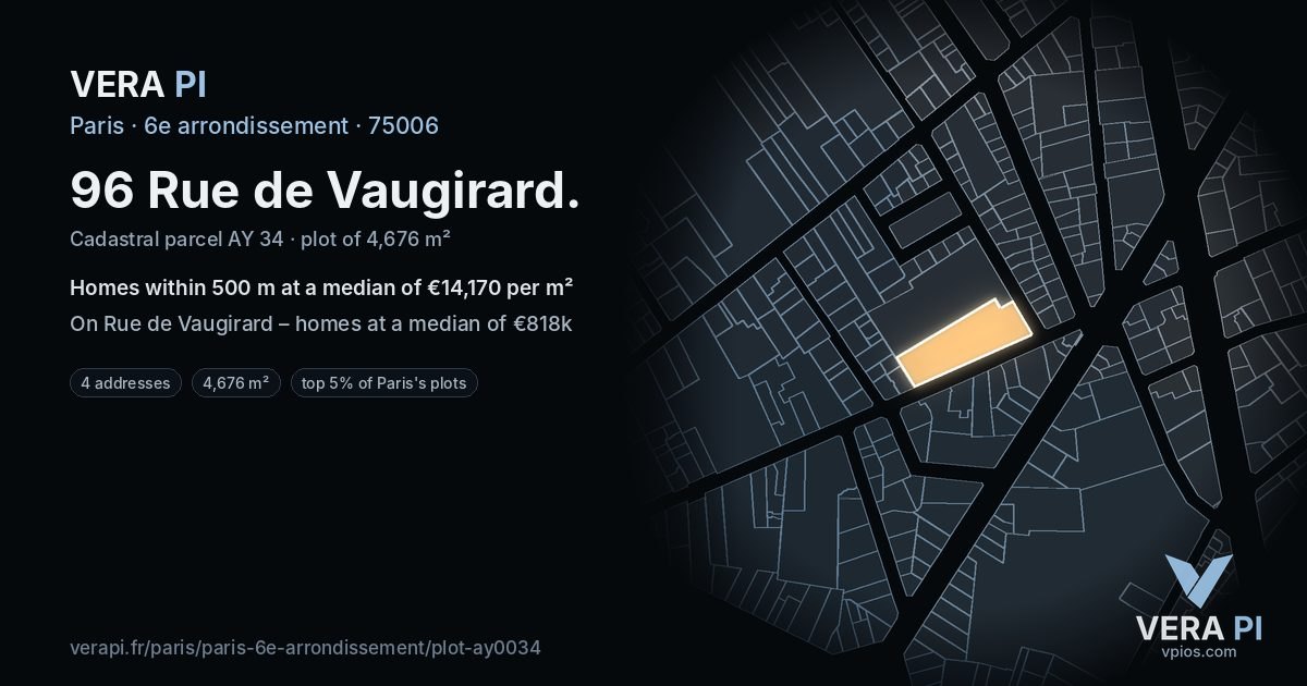 96 Rue de Vaugirard, 6e arrondissement at night – the plot lit, the parcels around coloured by the prices near them