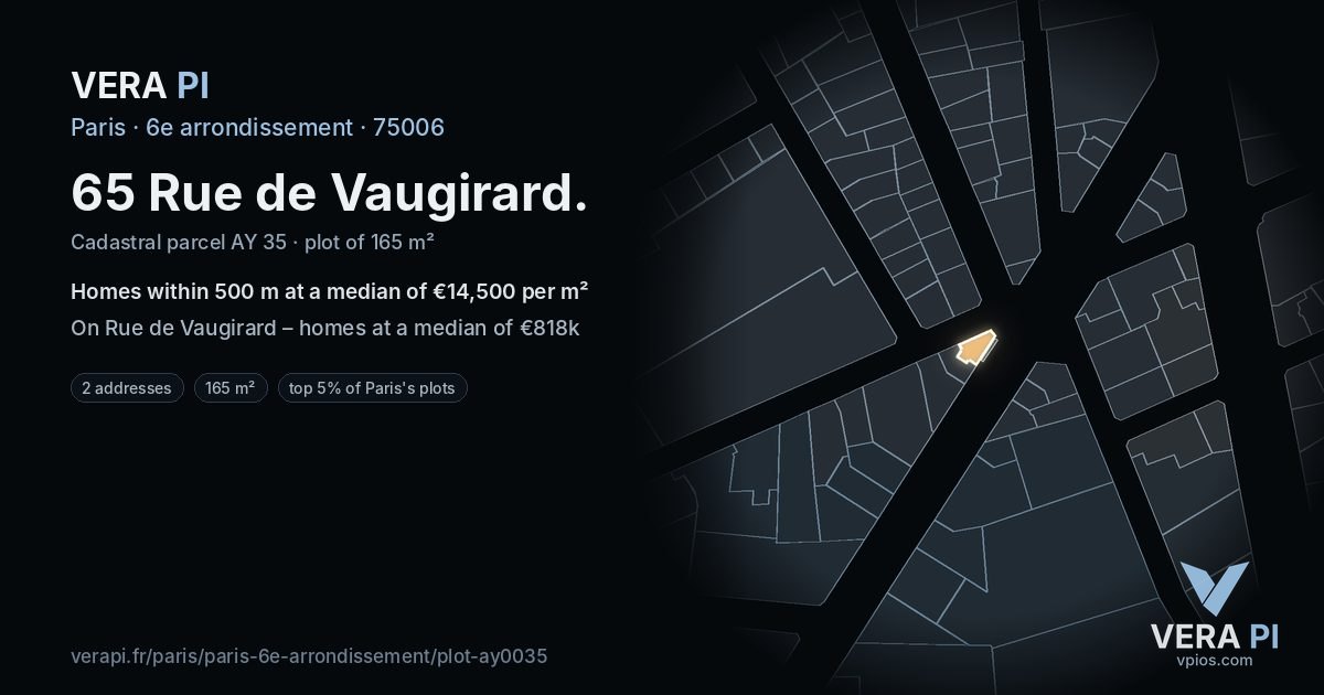 65 Rue de Vaugirard, 6e arrondissement at night – the plot lit, the parcels around coloured by the prices near them